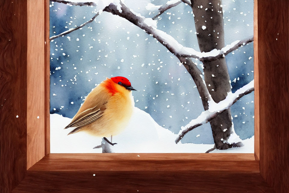 Red-headed bird painting on snowy branch in wooden frame, wintry backdrop