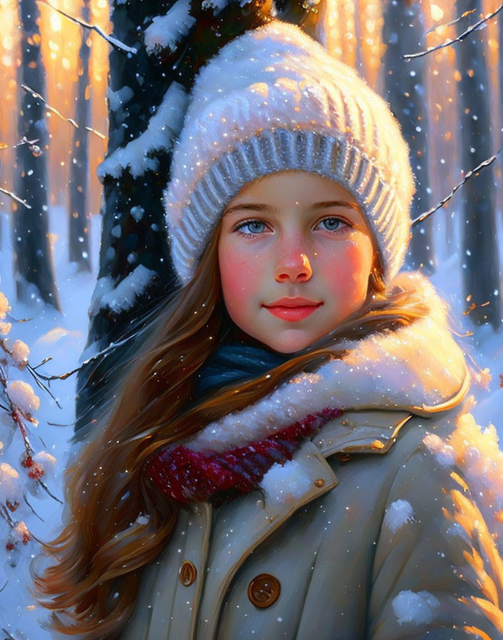 Young girl with blue eyes in snow forest with sunlight filtering through trees