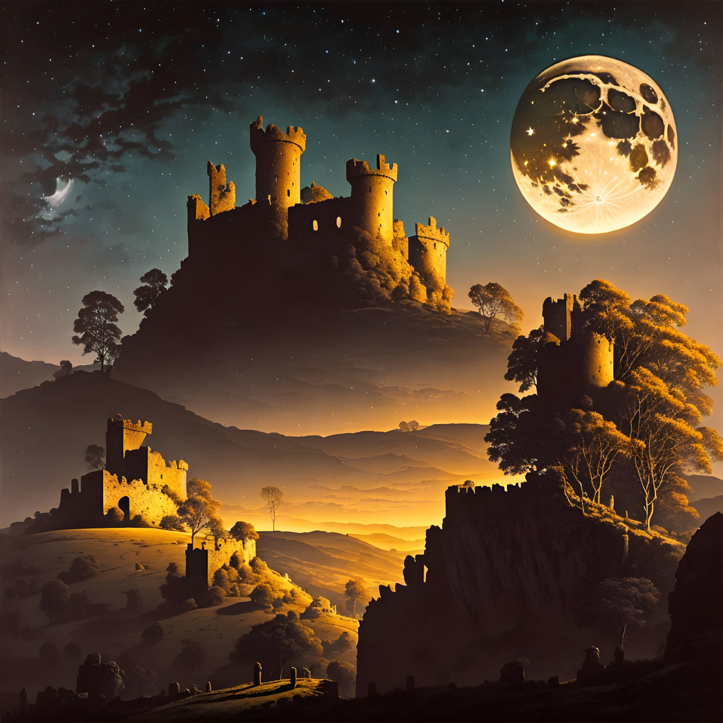 Medieval castle on hill under starry night with full moon