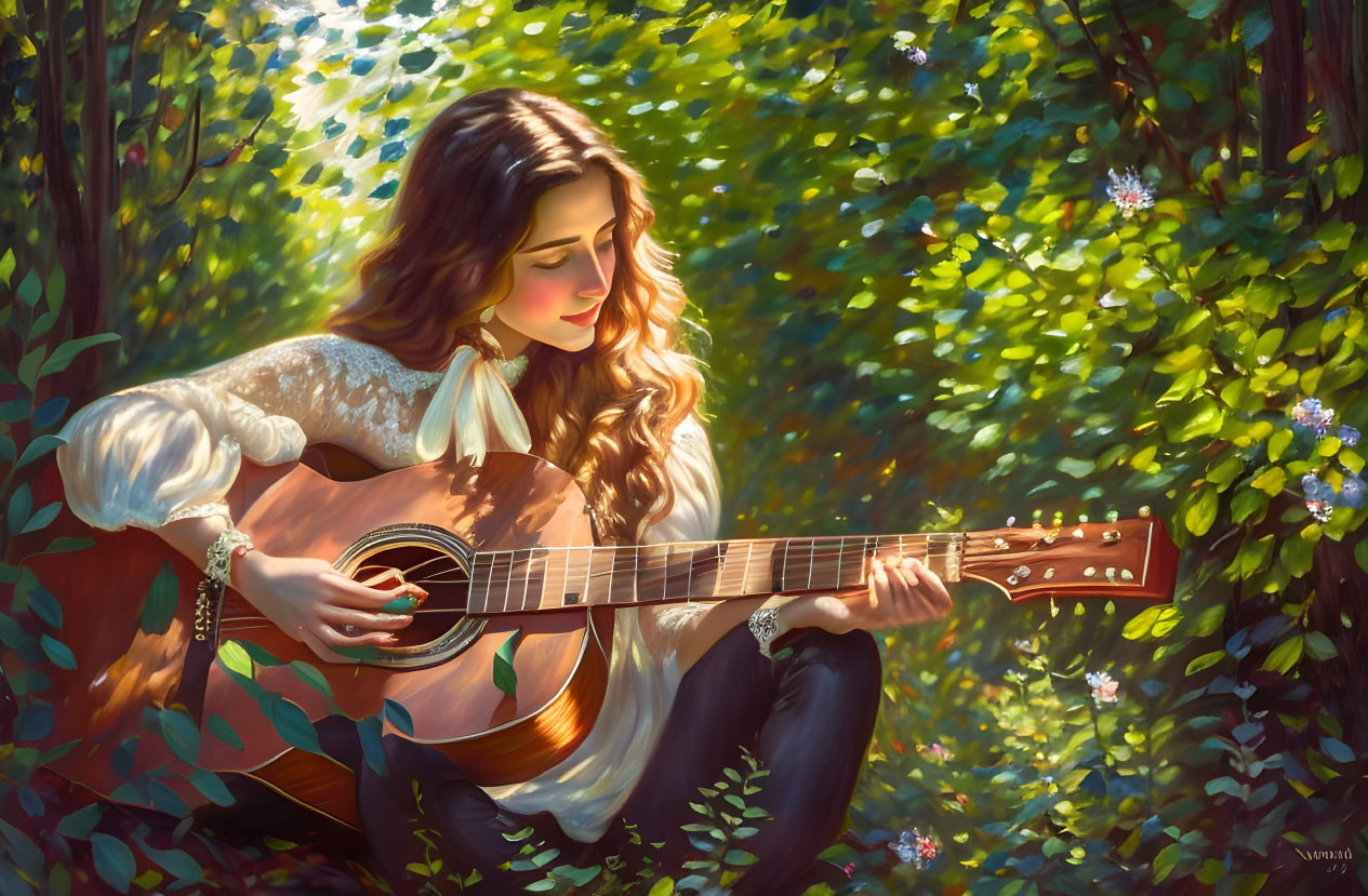 Woman with long hair playing acoustic guitar in forest with greenery and blue flowers