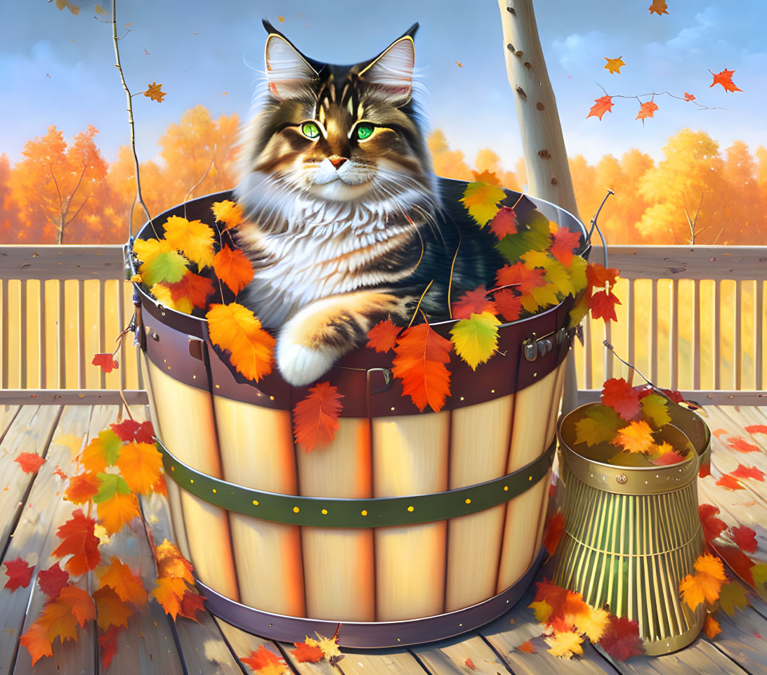 Fluffy Tabby Cat in Wooden Bucket Surrounded by Autumn Leaves