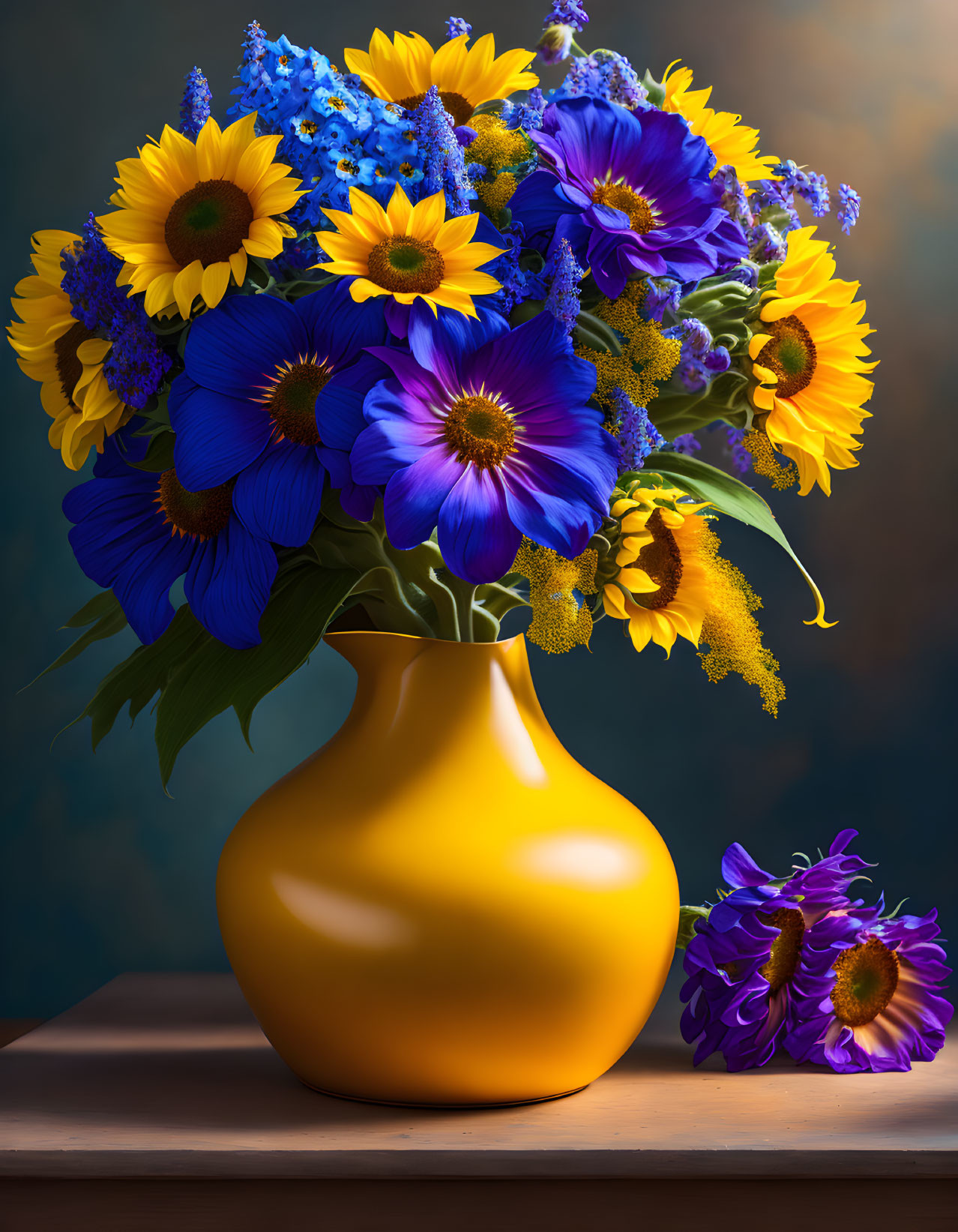 Colorful Sunflower and Blue Flower Bouquet in Yellow Vase on Wooden Surface