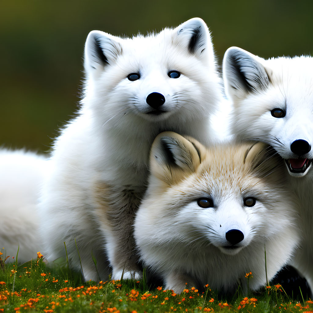 Three White Arctic Foxes Huddled on Grass Field