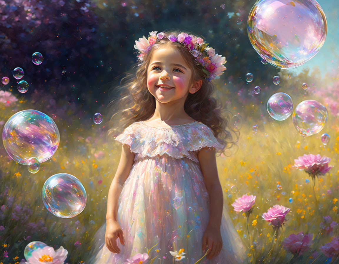 Young girl in floral headband smiling in sunlit meadow with bubbles and flowers