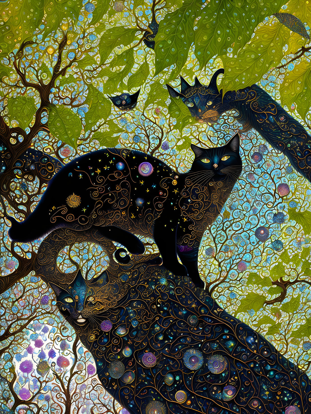 Detailed black cat art with celestial patterns in lush foliage background