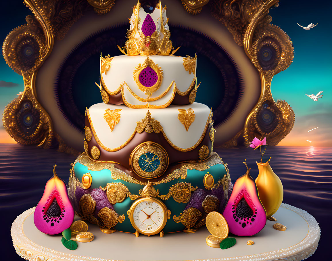 Elaborate Gold-Detailed Multi-Tiered Cake and Colorful Decor