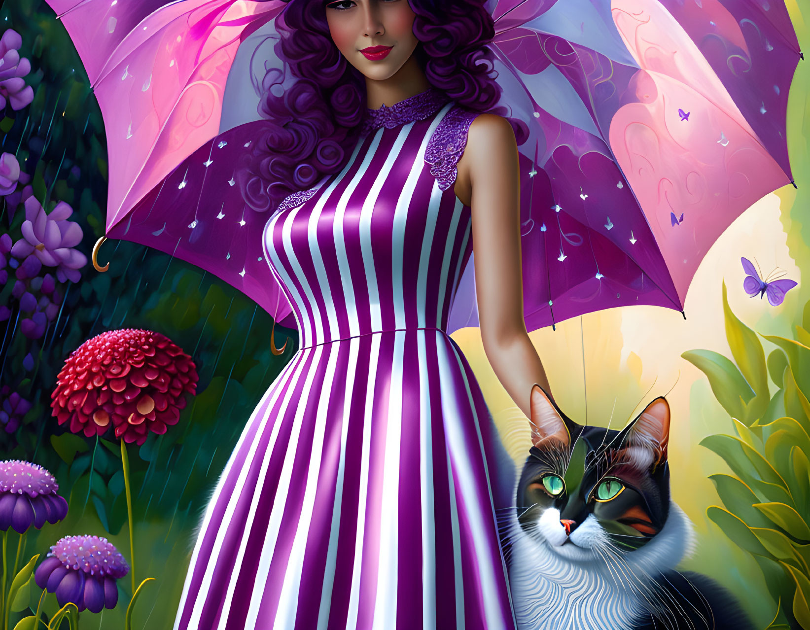 Illustrated woman in striped dress with purple umbrella beside cat, vibrant flowers, butterflies