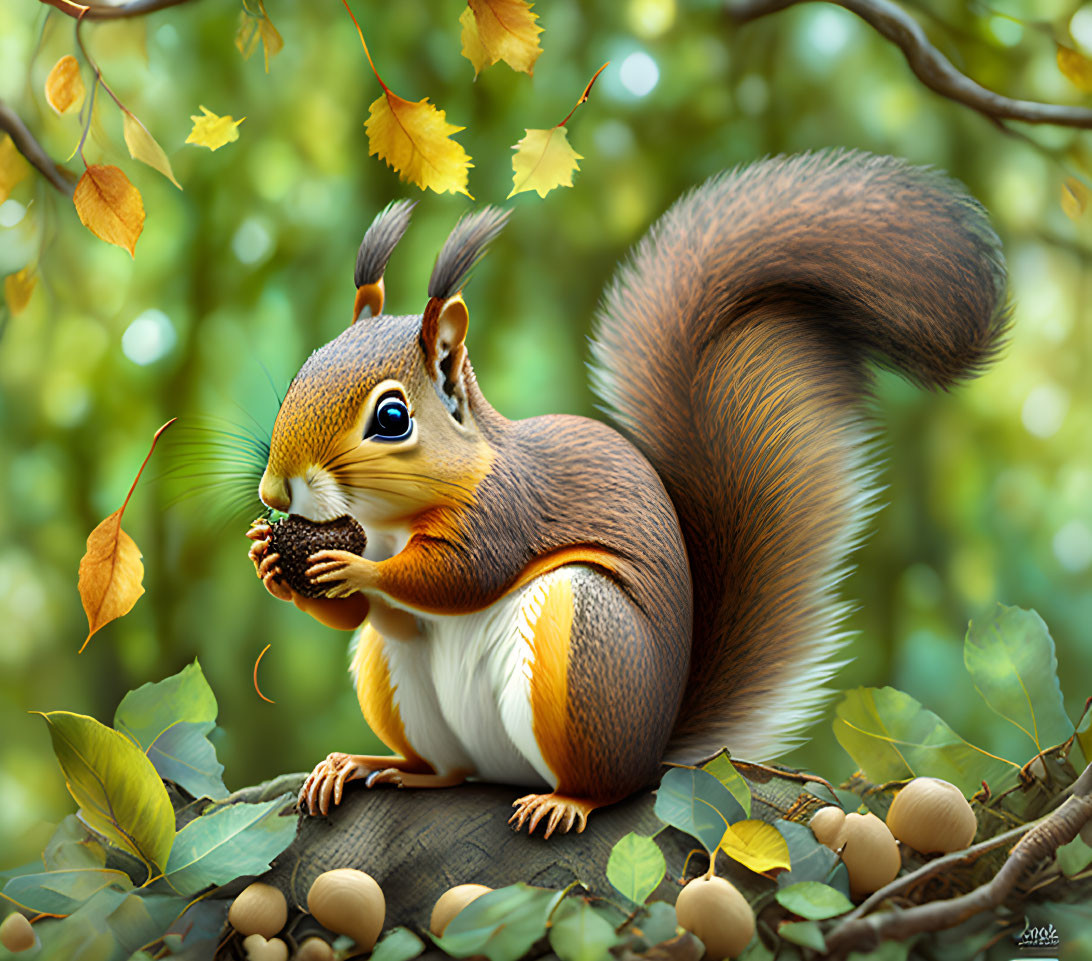 Fluffy squirrel on branch nibbling nut amidst falling autumn leaves