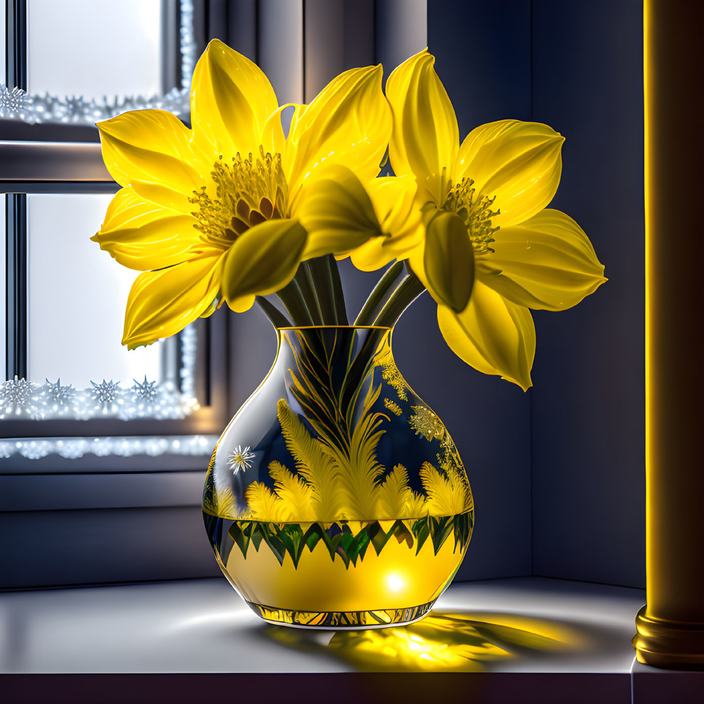 Yellow Tulips in Decorated Vase on Sunlit Windowsill with Snowy Trees View