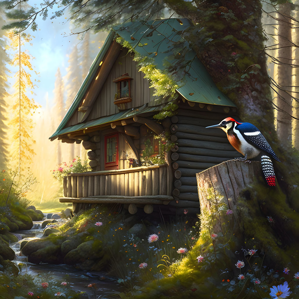 Vibrant woodpecker in forest setting by log cabin and brook