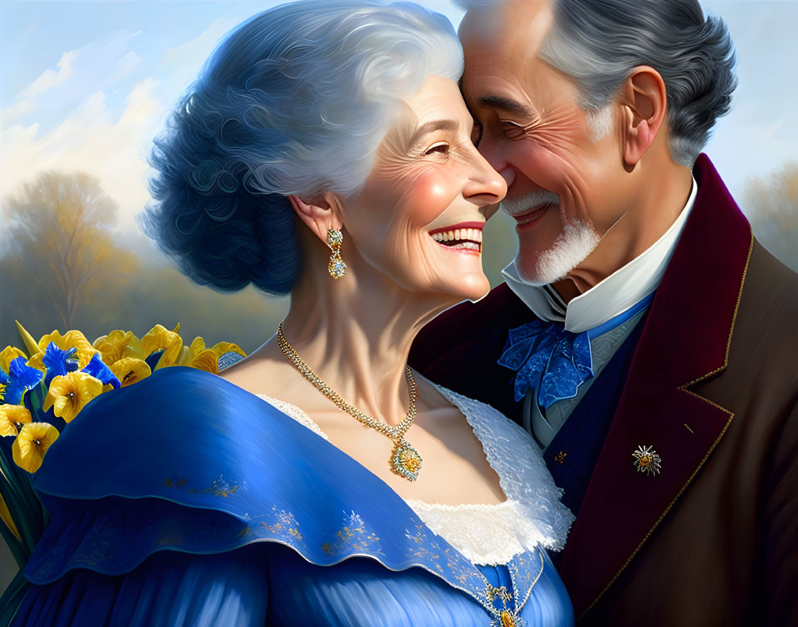 Elderly Couple Smiling in Blue and Red Attire in Nature