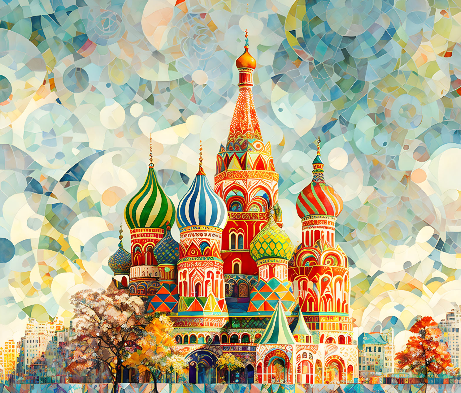 Colorful Saint Basil's Cathedral illustration with mosaic background and blooming trees.