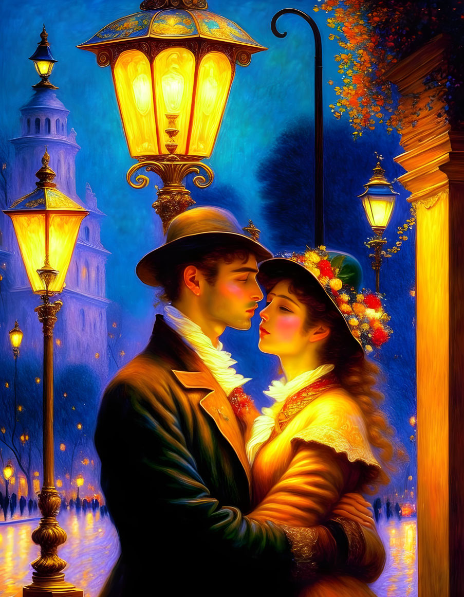 Romantic couple embracing under streetlamp at night