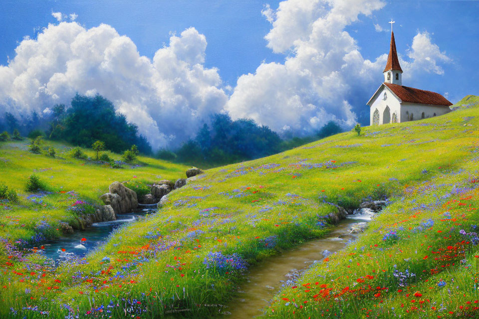 Scenic landscape with small church, stream, and wildflowers