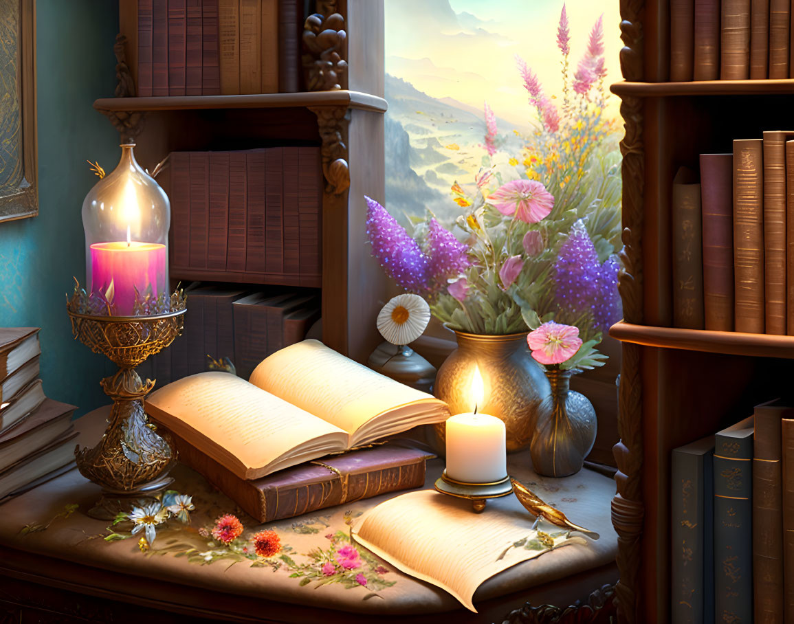 Cozy Reading Nook with Open Book, Candles, Flowers, and Window View