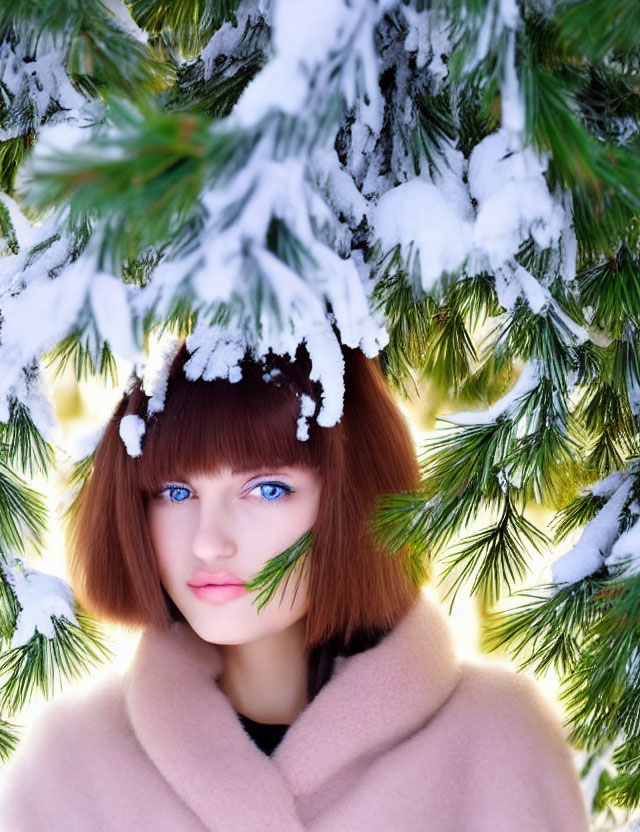 Person with Blue Eyes and Brown Hair in Snowy Pine Forest Scene