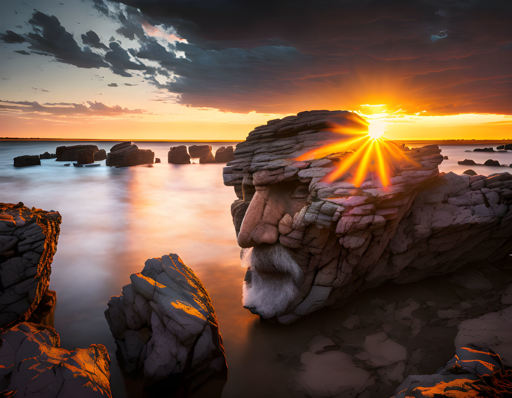 Dramatic orange sky over rugged coastline with rock formations