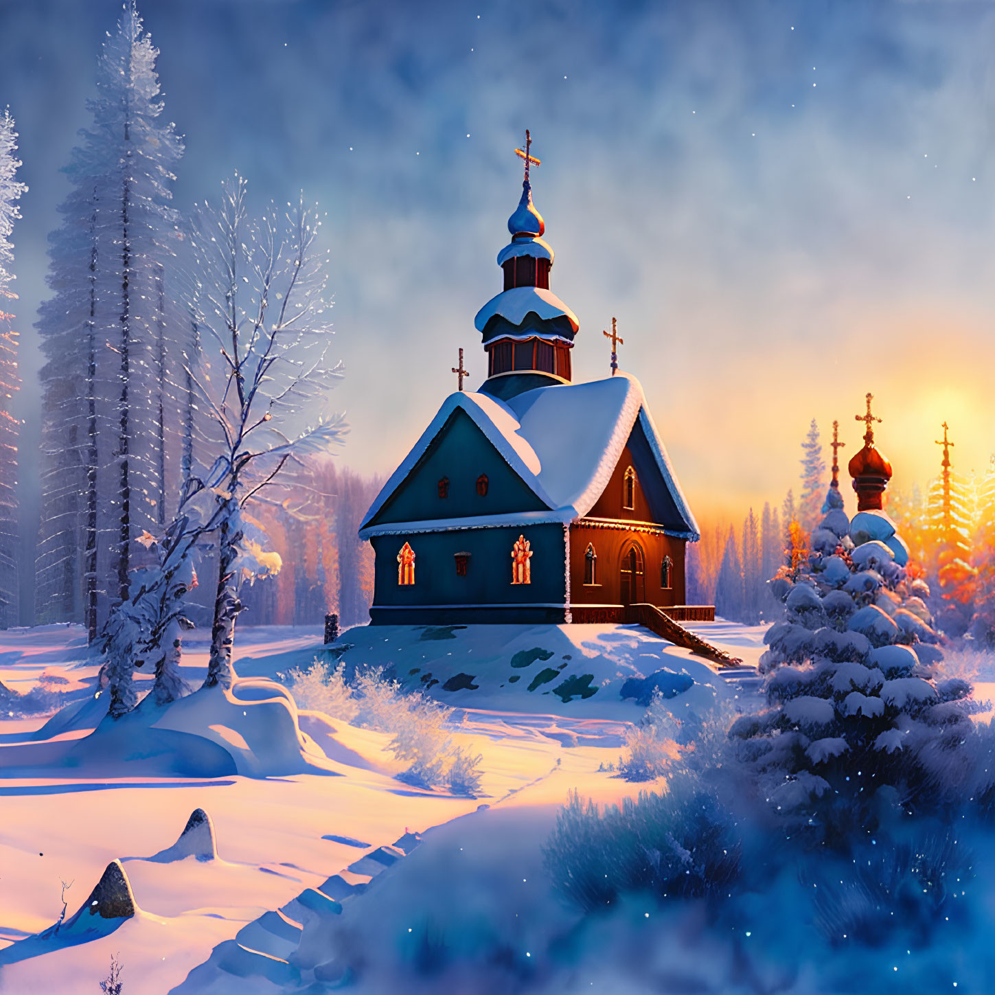 Snow-covered church in serene winter landscape.