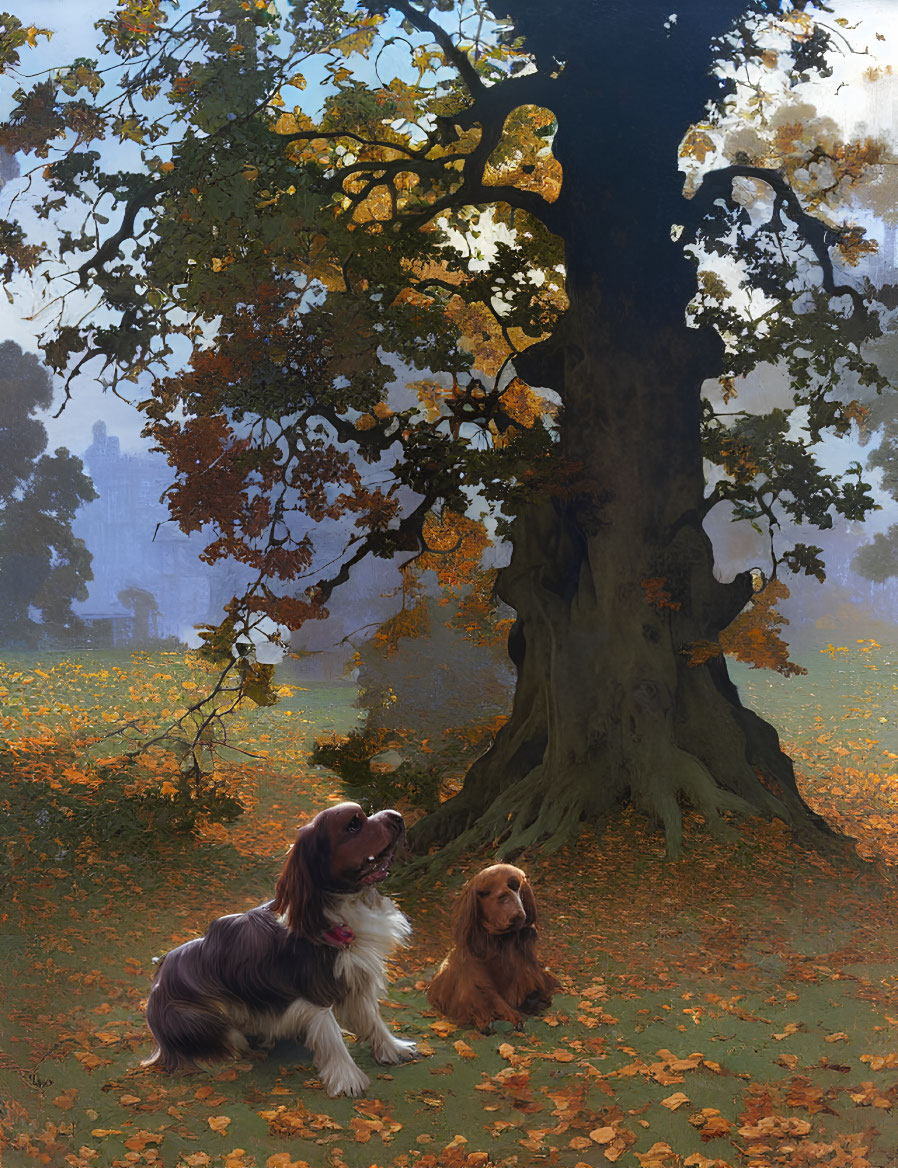 Autumn scene with two dogs under large tree