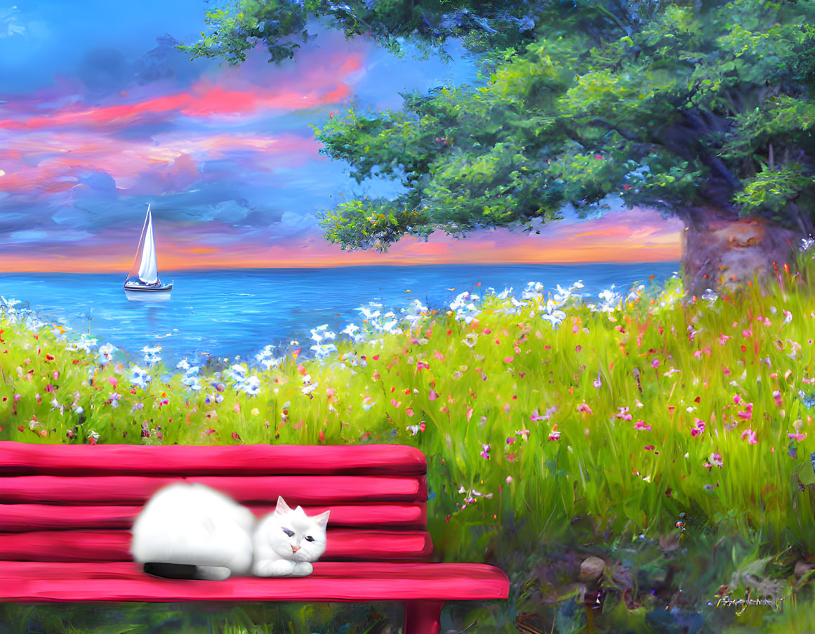 White Cat Relaxing on Red Bench by Serene Lake with Sailing Boat & Sunset Sky