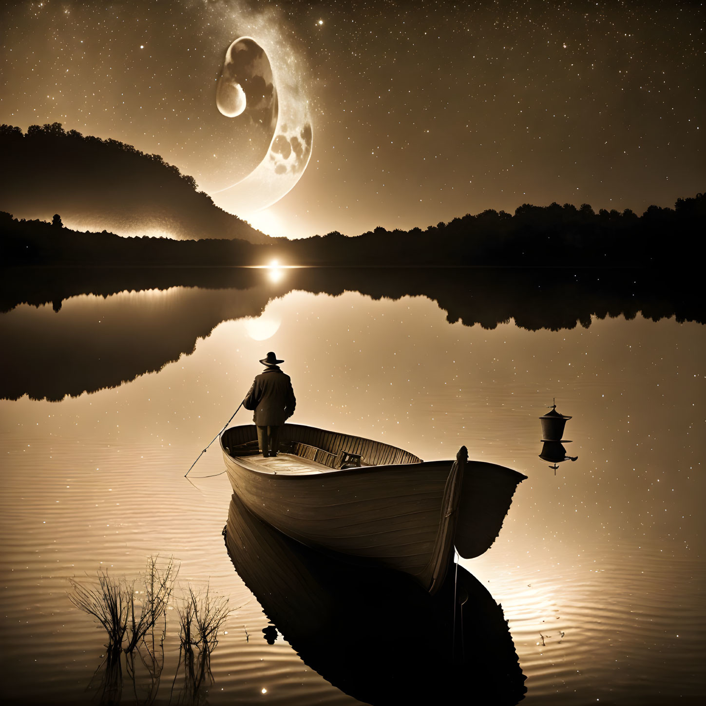 Person on boat under surreal crescent moon and second moon on calm lake.