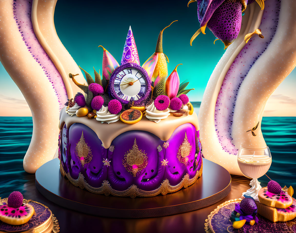 Fantastical purple and gold cake with exotic fruits, clock, and tentacles on sunset ocean scenery