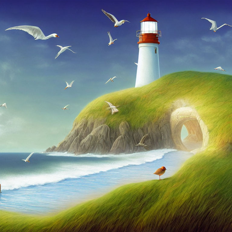 Scenic lighthouse on green cliff with natural arch, calm sea, seagulls, and blue