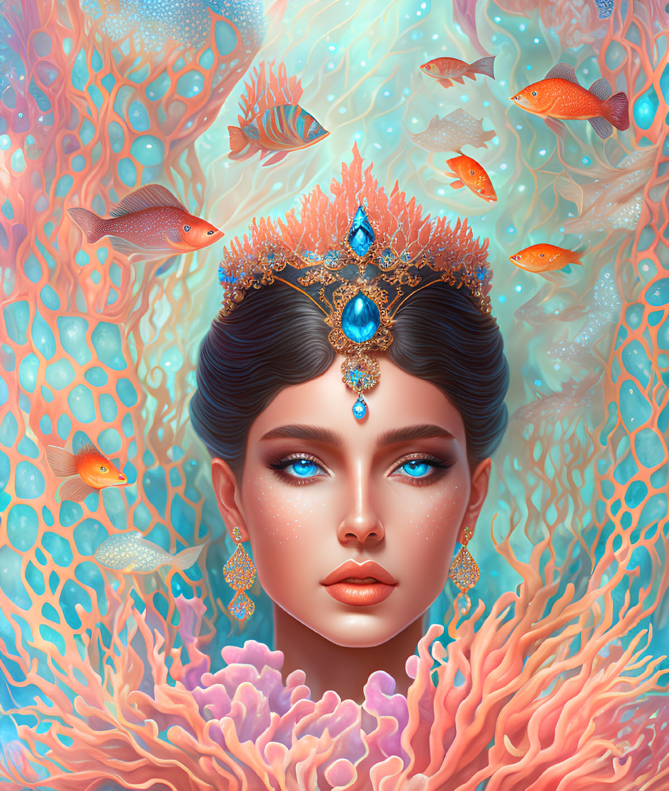 Digital artwork: Woman with blue eyes, ornate crown, surrounded by coral and orange fish in underwater