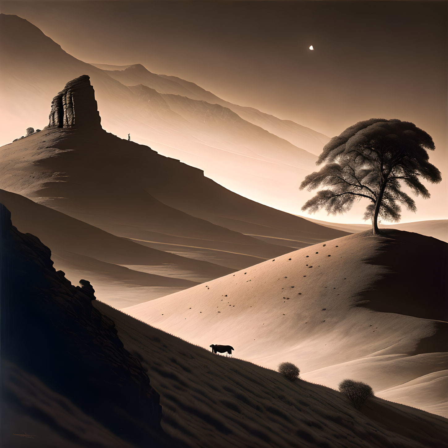 Monochromatic desert landscape at twilight with lone tree, animal, and crescent moon