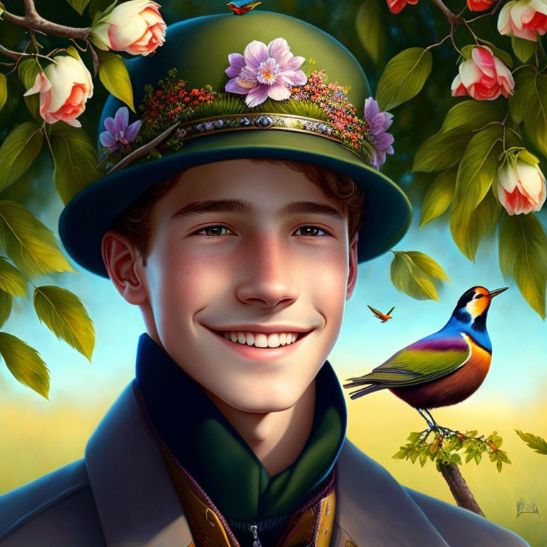 Illustration of a smiling young male with a flower hat and colorful bird