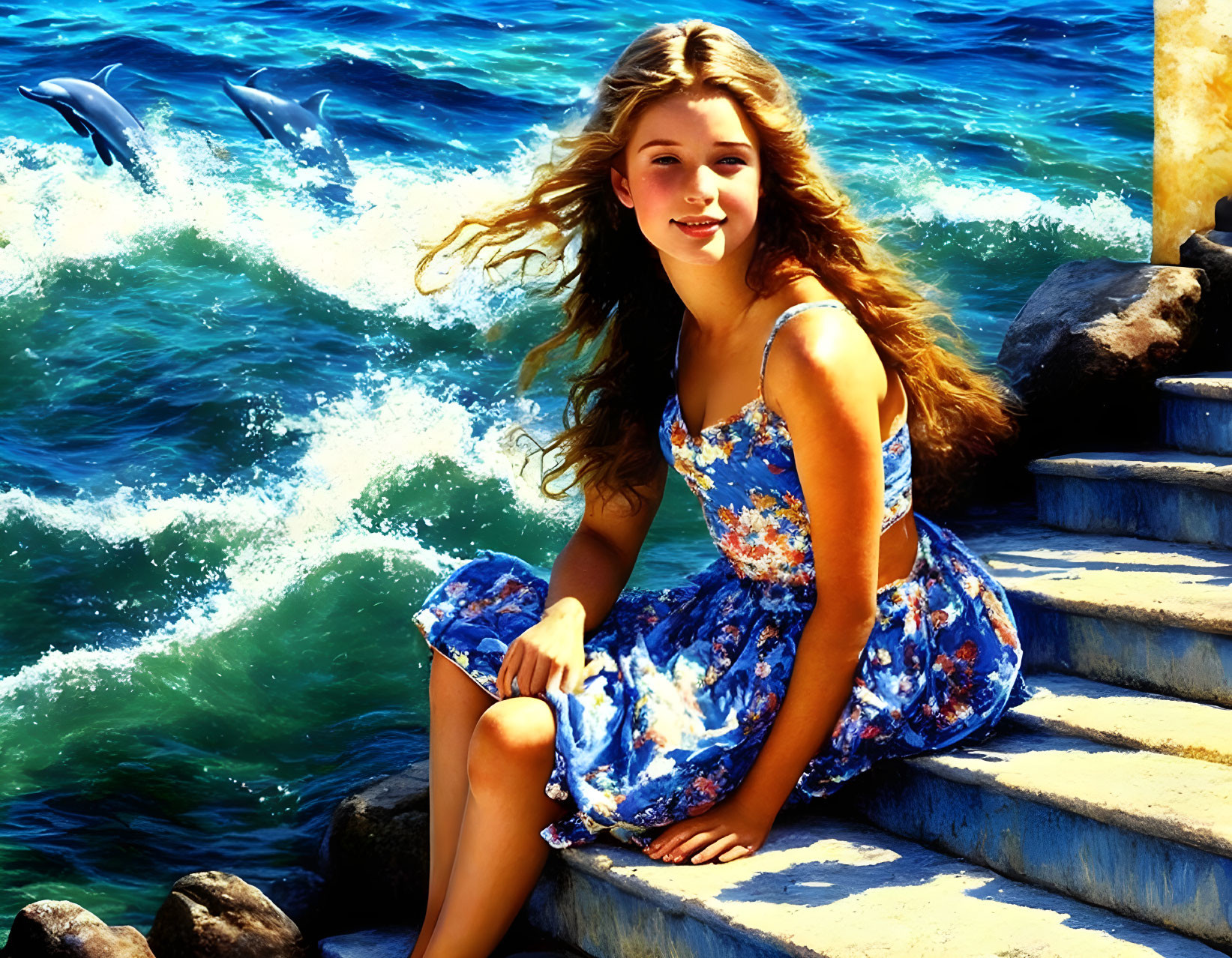 Young woman in floral dress sitting by sea with dolphins in background