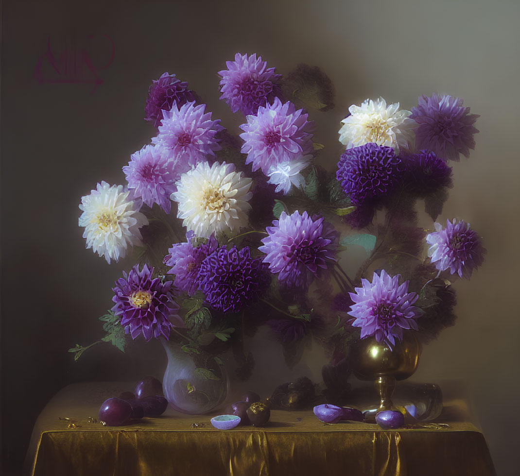 Purple and white dahlias in vase with fruits and golden bowl on golden cloth