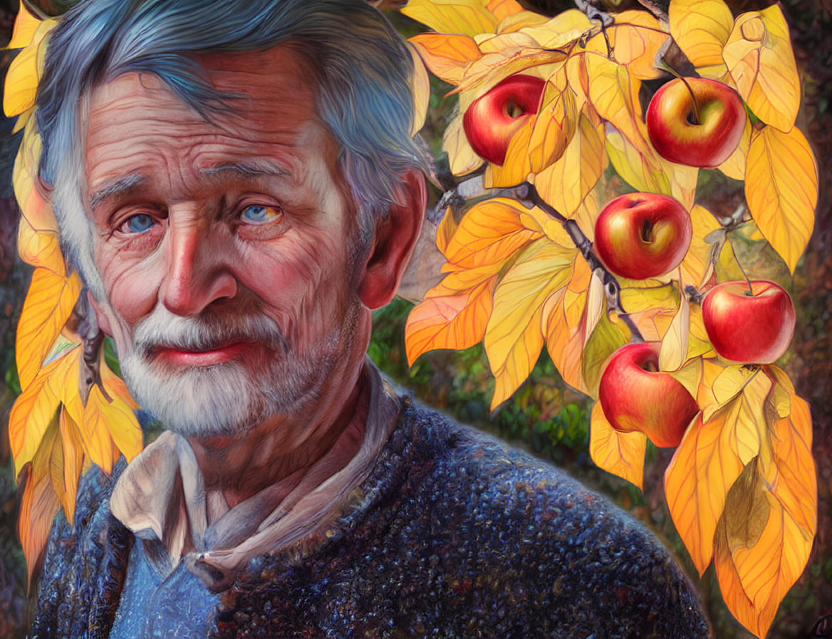 Elderly man with gray hair and beard near apple tree in sweater