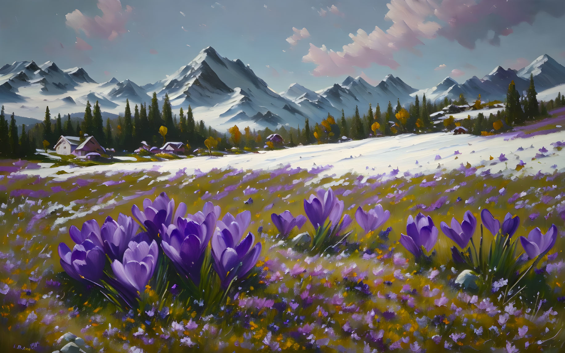 Mountain landscape painting with purple flowers, snowy peaks, and cottages.