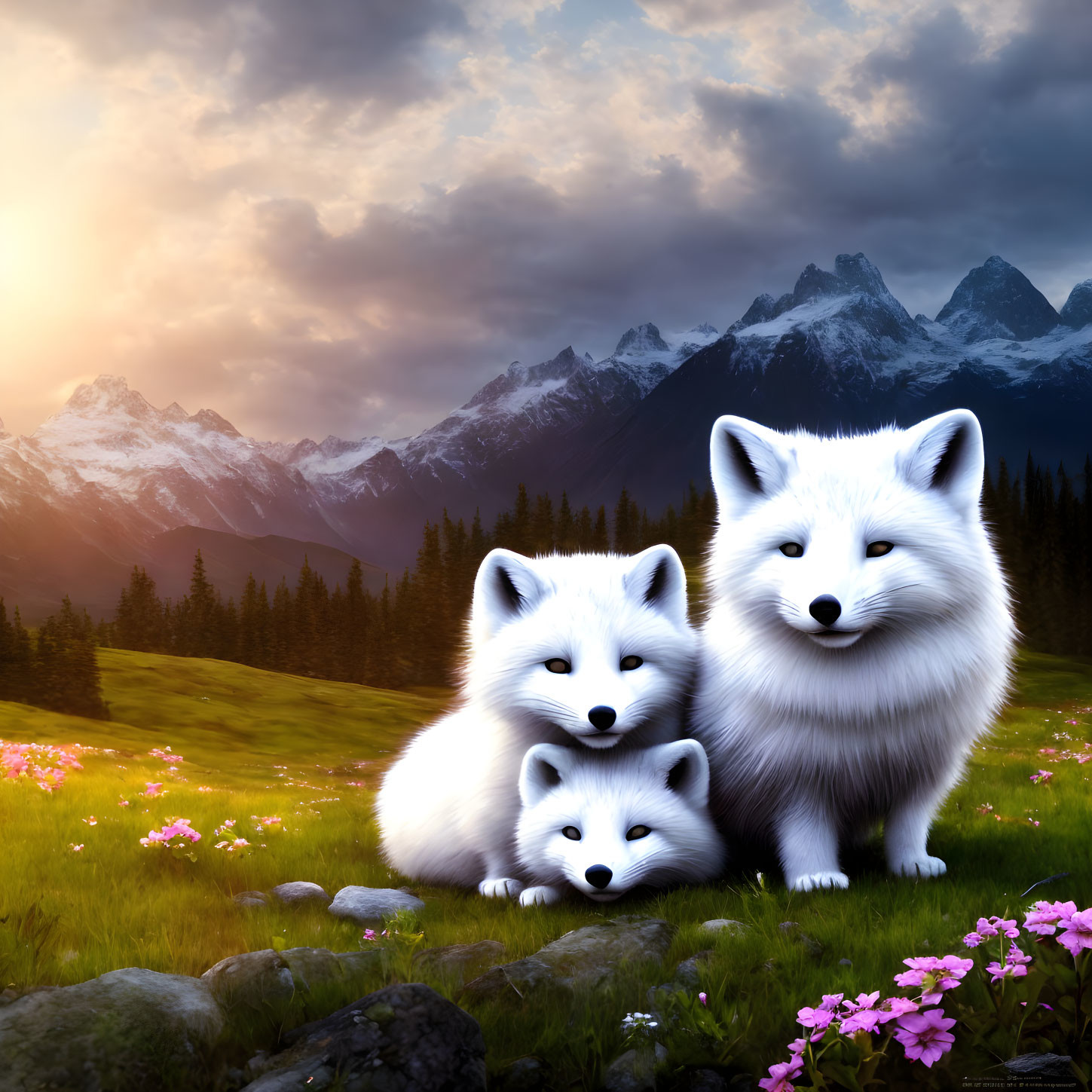 White foxes in vibrant meadow with pink flowers, mountains, sunset sky