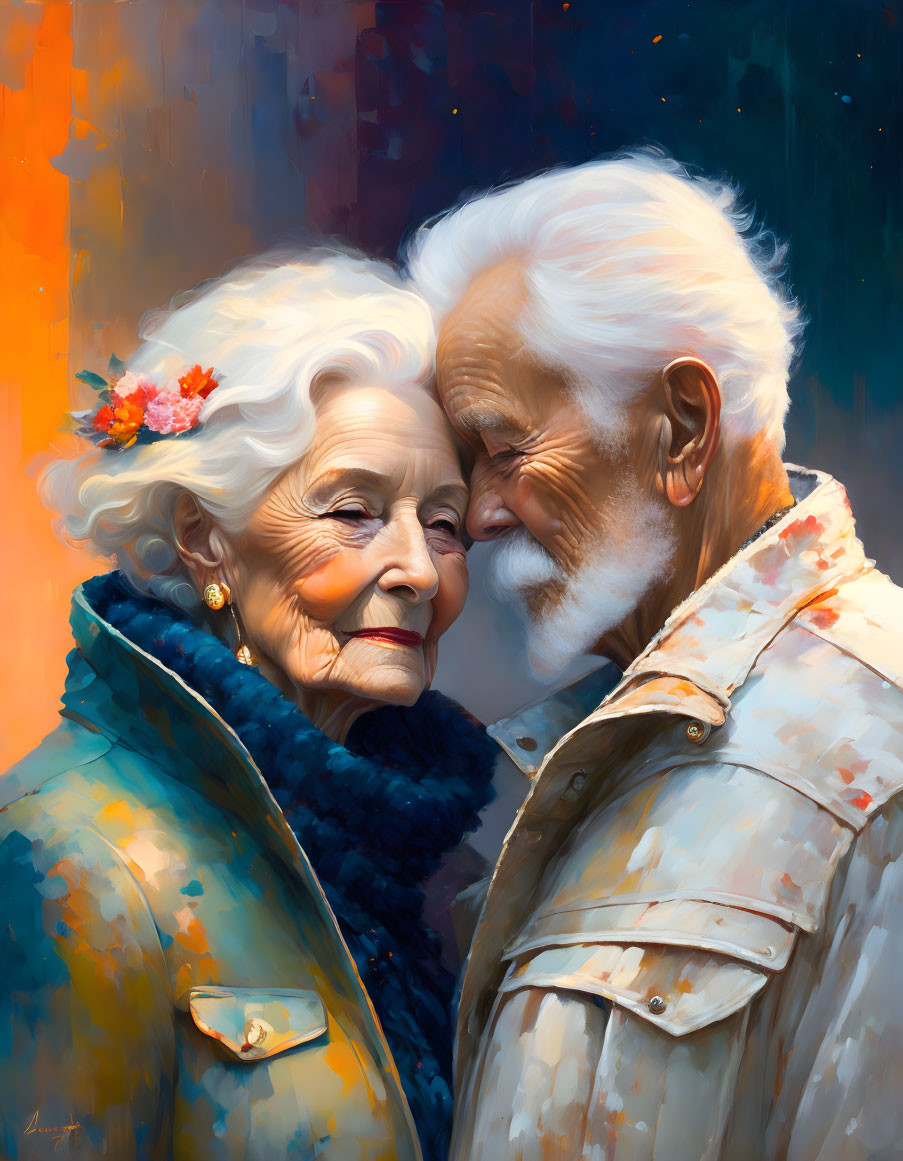 Elderly couple touching foreheads with flowers, smiling warmly