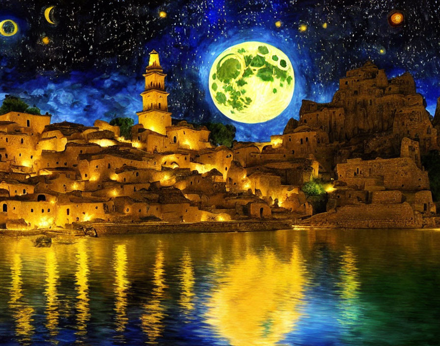 Moonlit Night Scene: Ancient Village by Tranquil Lake