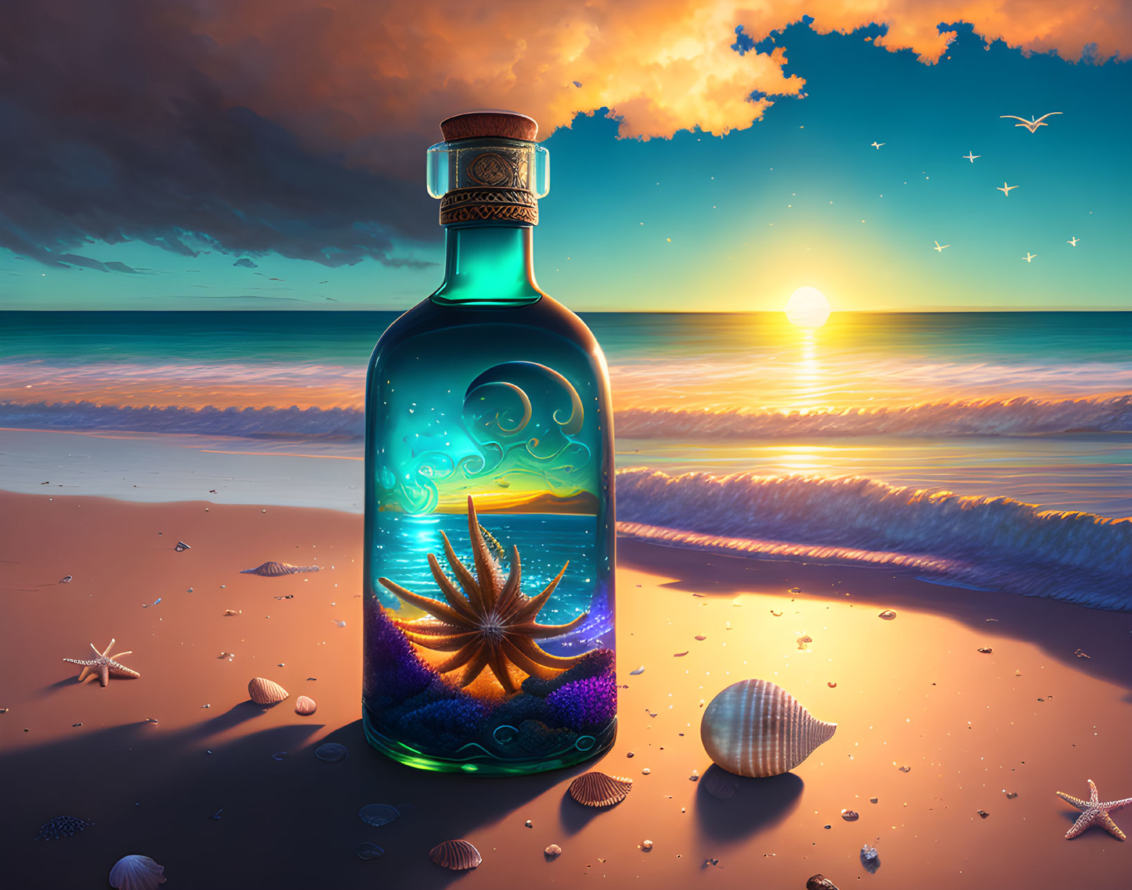 Fantasy illustration of bottle on beach with sea landscape, starfish, waves, sunset, and flying