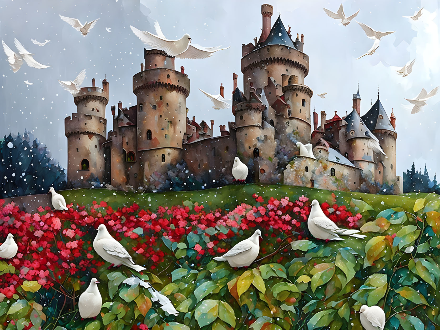 Medieval castle with blossoming flowers and white doves in snowy sky