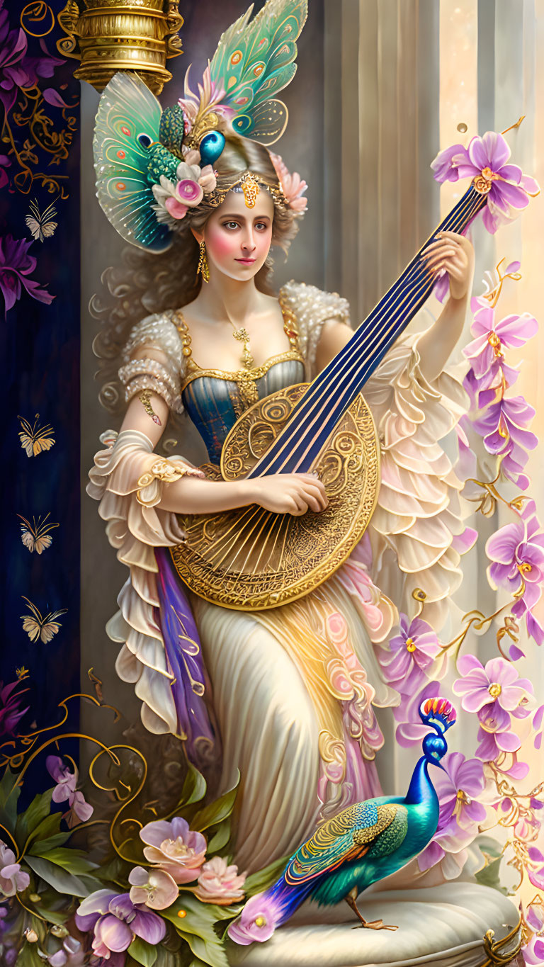 Elegant woman with angelic wings playing golden lyre among flowers and peacock