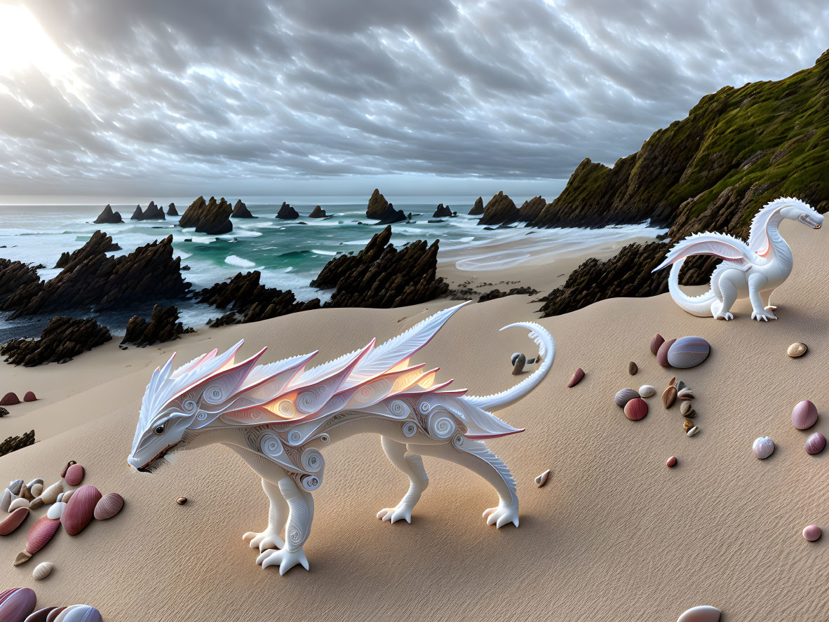 Digital dragon-like creatures on sandy beach with colorful pebbles and rocky sea backdrop