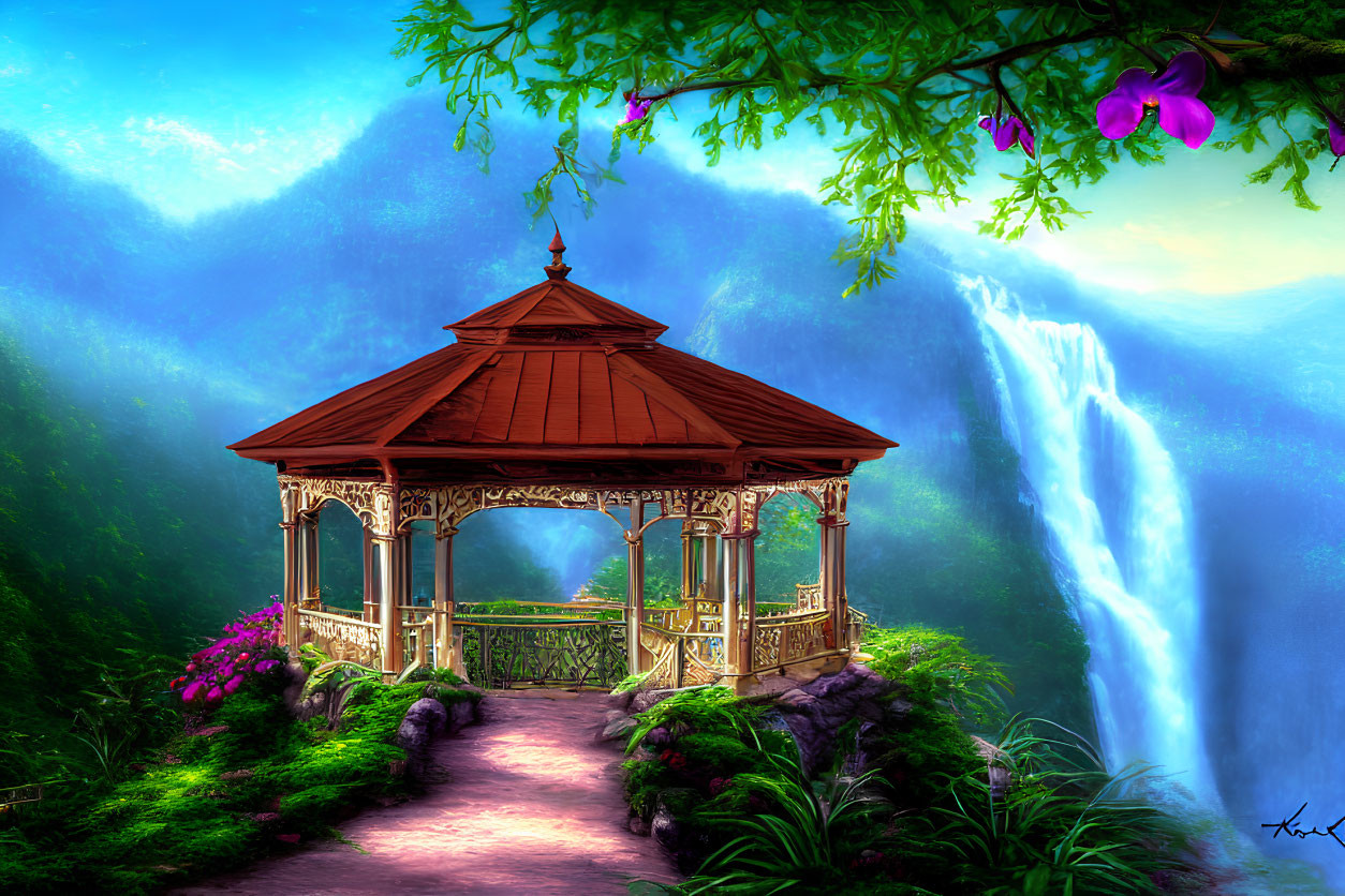 Digital Art: Ornate Gazebo by Waterfall in Lush Mountain Setting