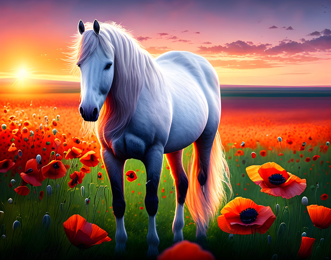 White Horse in Vibrant Poppy Field at Sunset