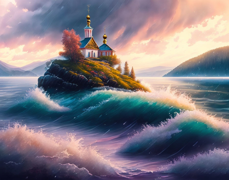 Small church on islet amid turbulent waves at sunset