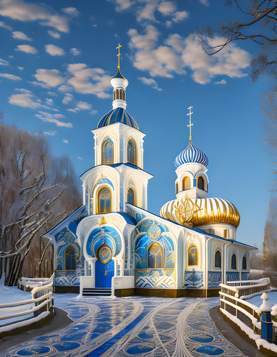 Blue and Gold Church with Ornate Domes in Winter Landscape