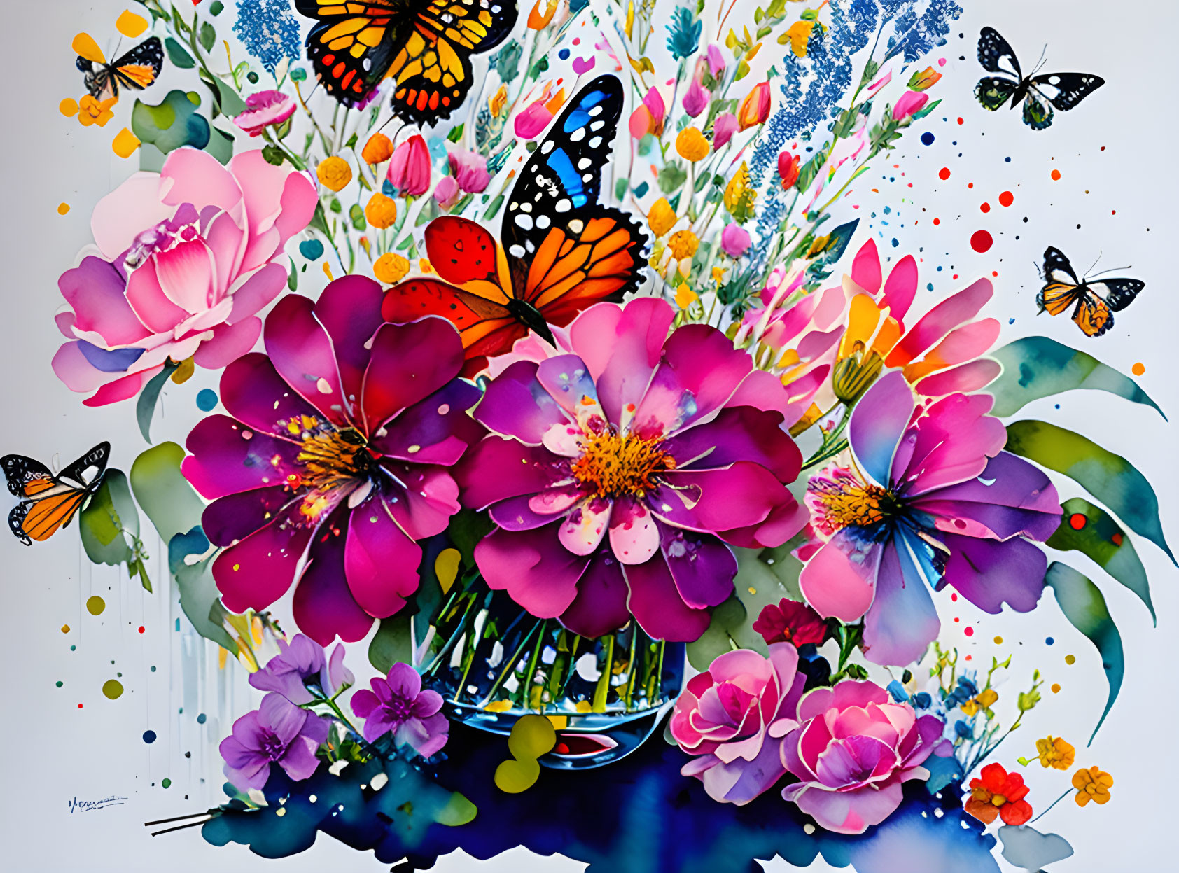 Colorful watercolor painting of flowers and butterflies in a lively composition