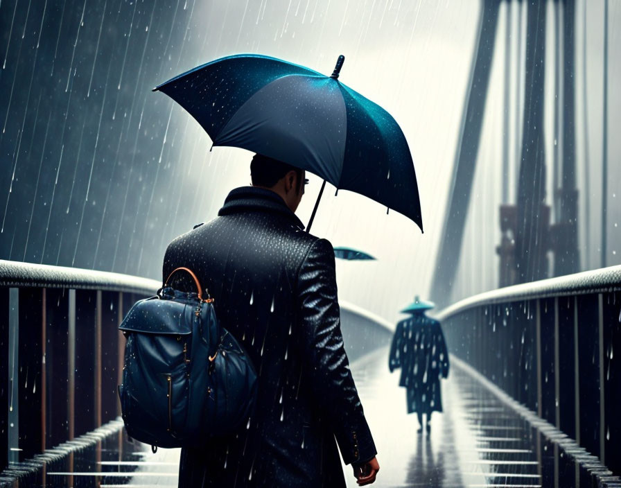 Pedestrian with umbrella and backpack in heavy rain on bridge.