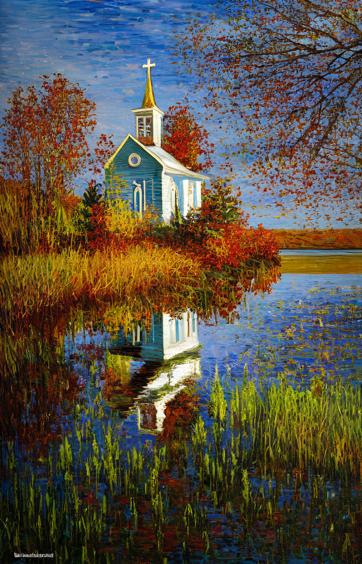 Blue church with golden spire surrounded by autumn trees and calm water.