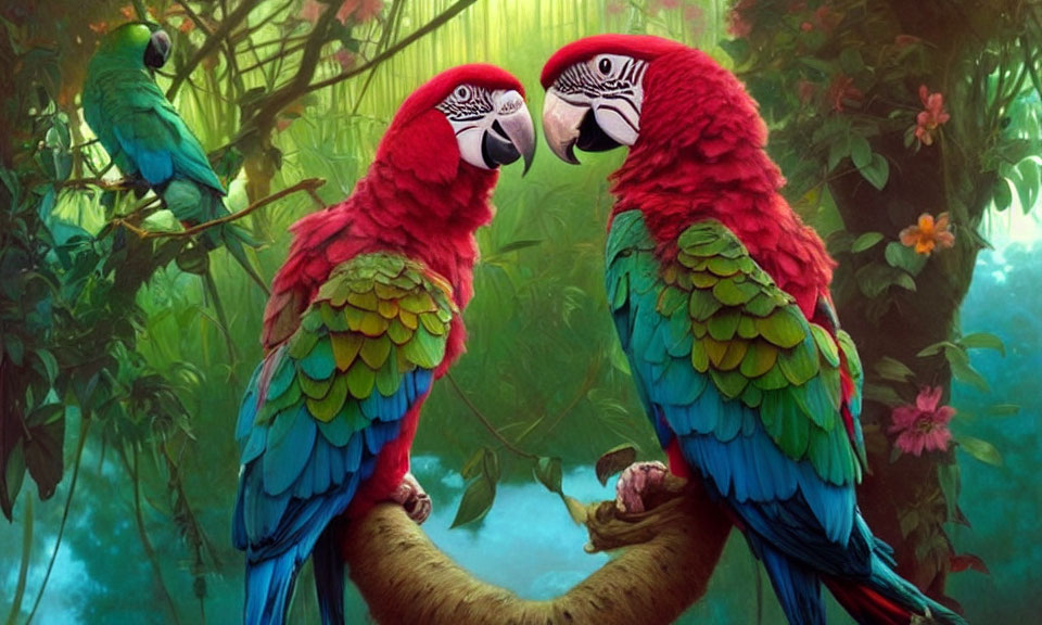 Colorful Macaws Perched on Branch in Green Forest