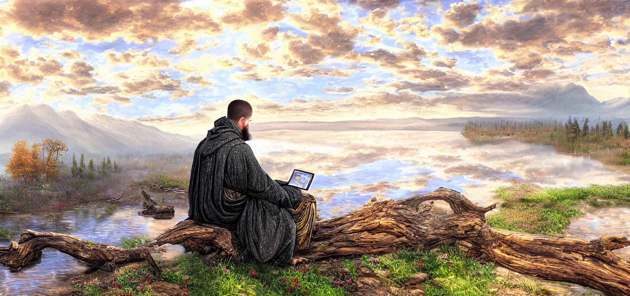 Person in robe on fallen tree using laptop with mountain backdrop at sunrise/sunset